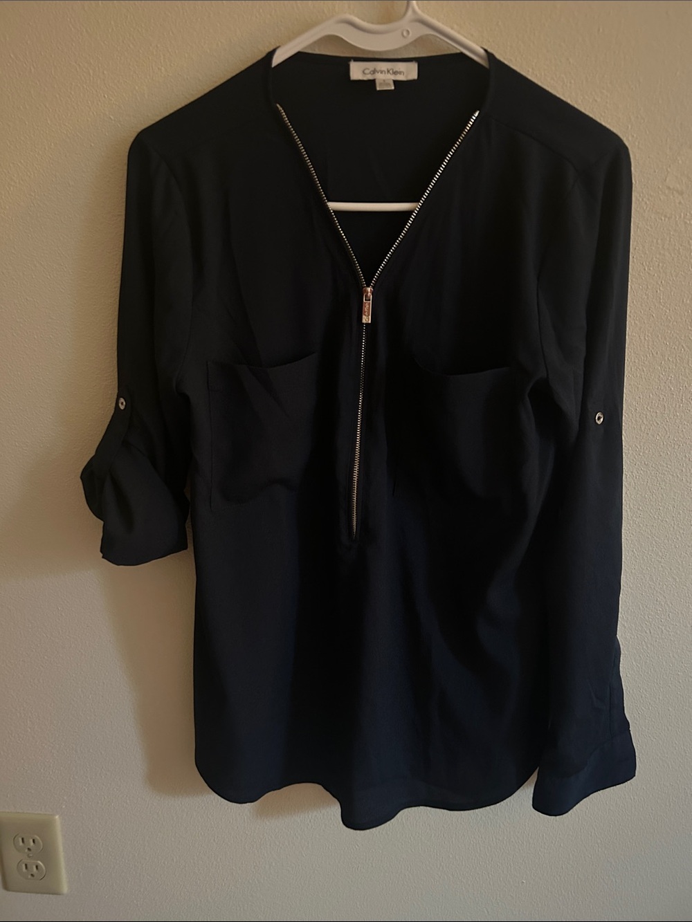 Calvin Klein S Navy Silver Zip-Front Collarless Women's Pkts.Tunic Blouse
